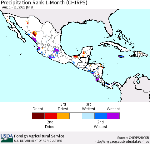 Mexico Central America and the Caribbean Precipitation Rank since 1981, 1-Month (CHIRPS) Thematic Map For 8/1/2021 - 8/31/2021