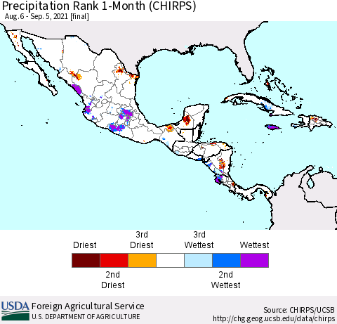 Mexico Central America and the Caribbean Precipitation Rank since 1981, 1-Month (CHIRPS) Thematic Map For 8/6/2021 - 9/5/2021