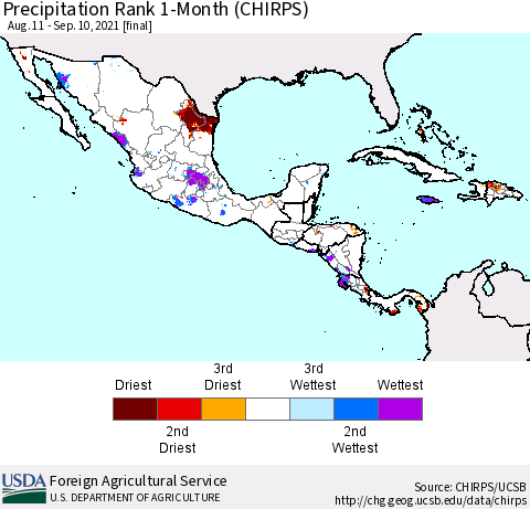 Mexico Central America and the Caribbean Precipitation Rank since 1981, 1-Month (CHIRPS) Thematic Map For 8/11/2021 - 9/10/2021