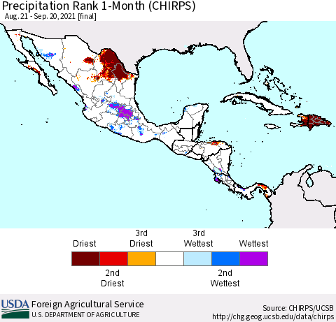 Mexico Central America and the Caribbean Precipitation Rank since 1981, 1-Month (CHIRPS) Thematic Map For 8/21/2021 - 9/20/2021