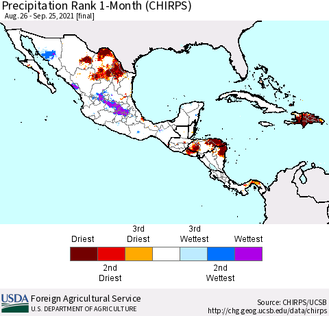 Mexico Central America and the Caribbean Precipitation Rank since 1981, 1-Month (CHIRPS) Thematic Map For 8/26/2021 - 9/25/2021