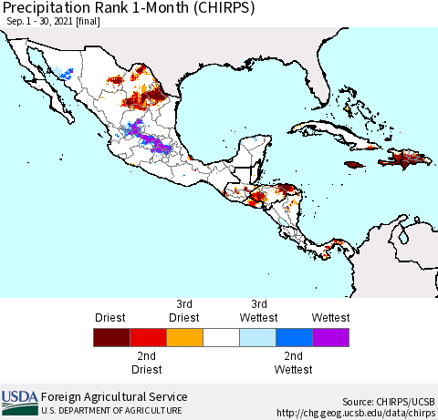 Mexico Central America and the Caribbean Precipitation Rank since 1981, 1-Month (CHIRPS) Thematic Map For 9/1/2021 - 9/30/2021