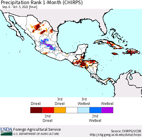 Mexico Central America and the Caribbean Precipitation Rank since 1981, 1-Month (CHIRPS) Thematic Map For 9/6/2021 - 10/5/2021