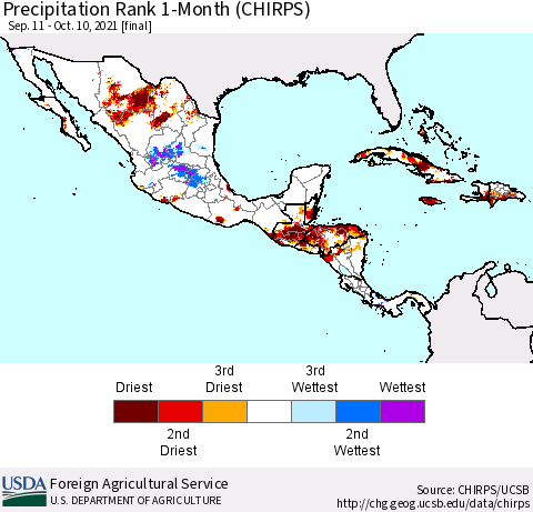 Mexico Central America and the Caribbean Precipitation Rank since 1981, 1-Month (CHIRPS) Thematic Map For 9/11/2021 - 10/10/2021