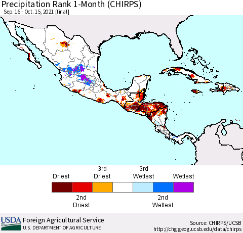 Mexico Central America and the Caribbean Precipitation Rank since 1981, 1-Month (CHIRPS) Thematic Map For 9/16/2021 - 10/15/2021