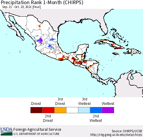 Mexico Central America and the Caribbean Precipitation Rank since 1981, 1-Month (CHIRPS) Thematic Map For 9/21/2021 - 10/20/2021