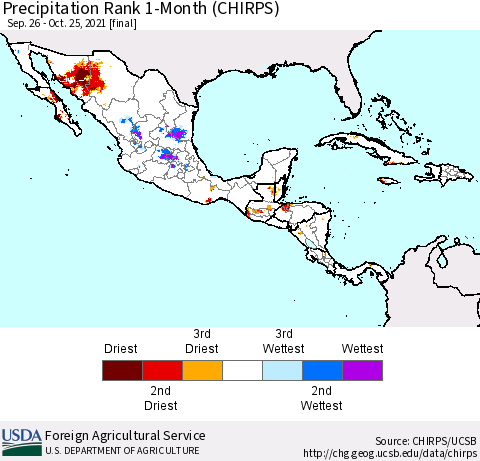 Mexico Central America and the Caribbean Precipitation Rank since 1981, 1-Month (CHIRPS) Thematic Map For 9/26/2021 - 10/25/2021