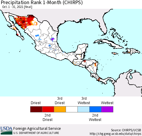 Mexico Central America and the Caribbean Precipitation Rank since 1981, 1-Month (CHIRPS) Thematic Map For 10/1/2021 - 10/31/2021