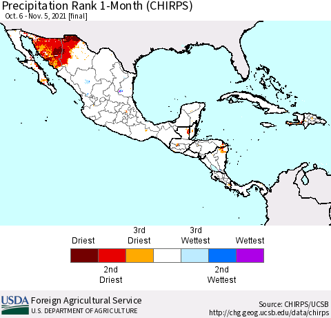 Mexico Central America and the Caribbean Precipitation Rank since 1981, 1-Month (CHIRPS) Thematic Map For 10/6/2021 - 11/5/2021