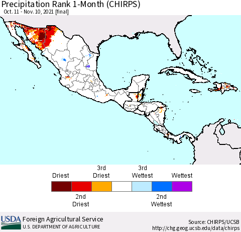 Mexico Central America and the Caribbean Precipitation Rank since 1981, 1-Month (CHIRPS) Thematic Map For 10/11/2021 - 11/10/2021