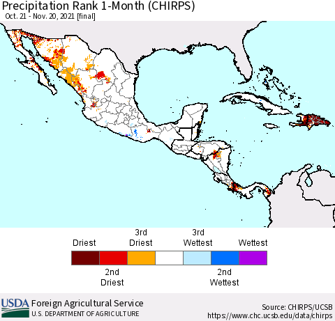 Mexico Central America and the Caribbean Precipitation Rank since 1981, 1-Month (CHIRPS) Thematic Map For 10/21/2021 - 11/20/2021