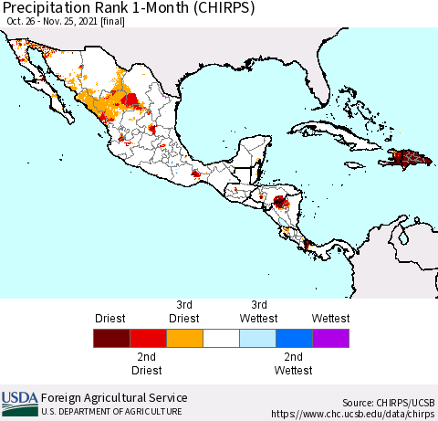 Mexico Central America and the Caribbean Precipitation Rank since 1981, 1-Month (CHIRPS) Thematic Map For 10/26/2021 - 11/25/2021