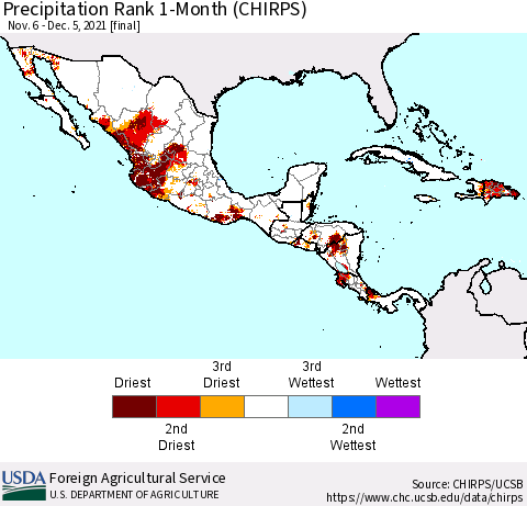 Mexico Central America and the Caribbean Precipitation Rank since 1981, 1-Month (CHIRPS) Thematic Map For 11/6/2021 - 12/5/2021