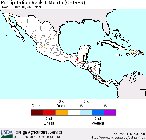 Mexico Central America and the Caribbean Precipitation Rank since 1981, 1-Month (CHIRPS) Thematic Map For 11/11/2021 - 12/10/2021