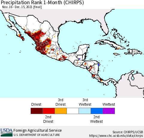 Mexico Central America and the Caribbean Precipitation Rank since 1981, 1-Month (CHIRPS) Thematic Map For 11/16/2021 - 12/15/2021
