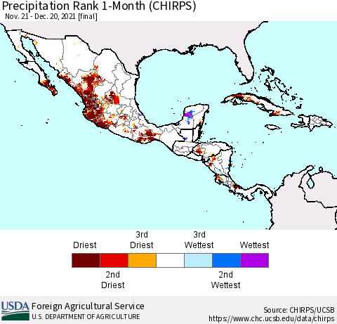Mexico Central America and the Caribbean Precipitation Rank since 1981, 1-Month (CHIRPS) Thematic Map For 11/21/2021 - 12/20/2021