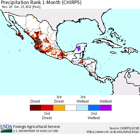 Mexico Central America and the Caribbean Precipitation Rank since 1981, 1-Month (CHIRPS) Thematic Map For 11/26/2021 - 12/25/2021