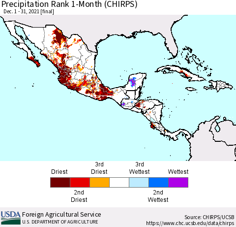 Mexico Central America and the Caribbean Precipitation Rank since 1981, 1-Month (CHIRPS) Thematic Map For 12/1/2021 - 12/31/2021