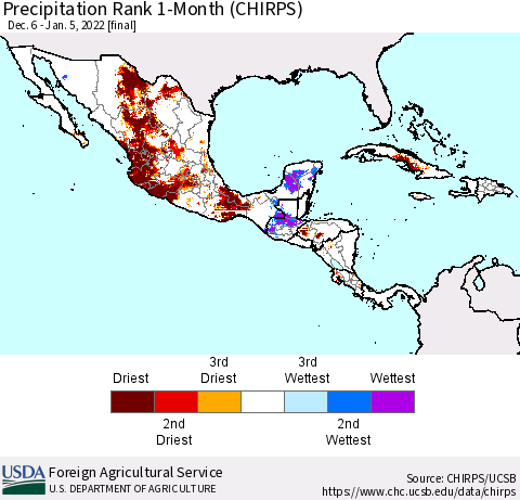 Mexico Central America and the Caribbean Precipitation Rank since 1981, 1-Month (CHIRPS) Thematic Map For 12/6/2021 - 1/5/2022