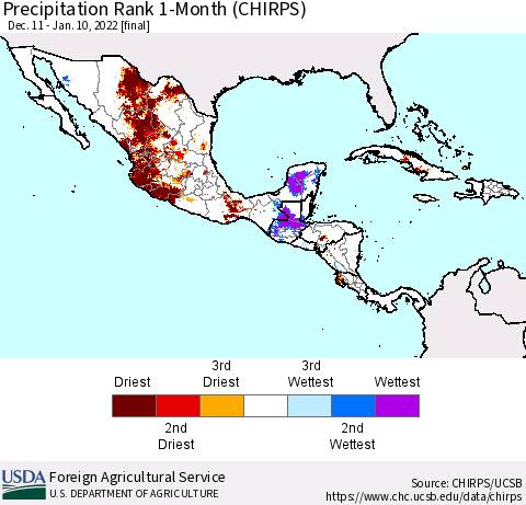Mexico Central America and the Caribbean Precipitation Rank since 1981, 1-Month (CHIRPS) Thematic Map For 12/11/2021 - 1/10/2022