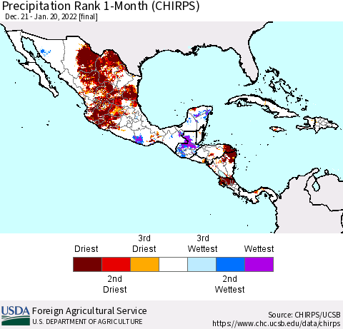 Mexico Central America and the Caribbean Precipitation Rank since 1981, 1-Month (CHIRPS) Thematic Map For 12/21/2021 - 1/20/2022