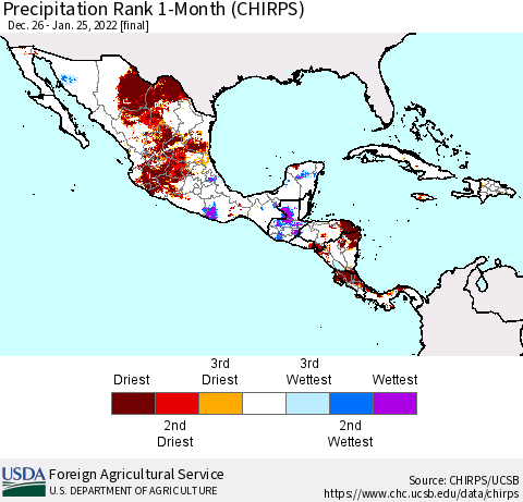 Mexico Central America and the Caribbean Precipitation Rank since 1981, 1-Month (CHIRPS) Thematic Map For 12/26/2021 - 1/25/2022