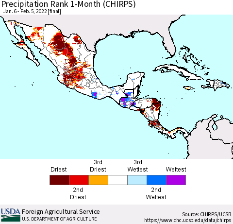 Mexico Central America and the Caribbean Precipitation Rank since 1981, 1-Month (CHIRPS) Thematic Map For 1/6/2022 - 2/5/2022