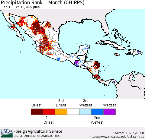Mexico Central America and the Caribbean Precipitation Rank since 1981, 1-Month (CHIRPS) Thematic Map For 1/11/2022 - 2/10/2022
