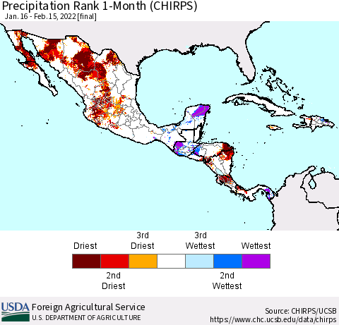 Mexico Central America and the Caribbean Precipitation Rank since 1981, 1-Month (CHIRPS) Thematic Map For 1/16/2022 - 2/15/2022