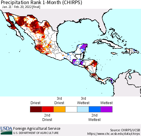 Mexico Central America and the Caribbean Precipitation Rank since 1981, 1-Month (CHIRPS) Thematic Map For 1/21/2022 - 2/20/2022