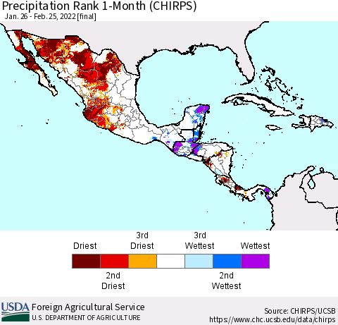 Mexico Central America and the Caribbean Precipitation Rank since 1981, 1-Month (CHIRPS) Thematic Map For 1/26/2022 - 2/25/2022