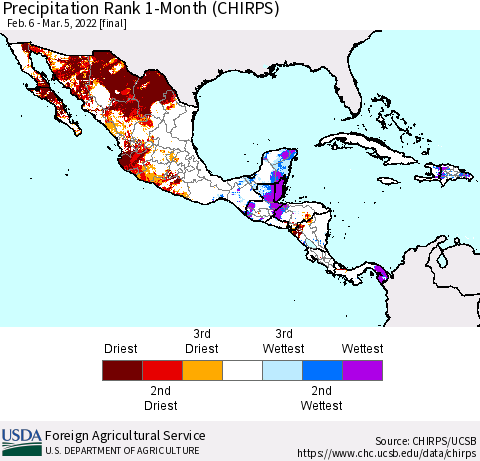 Mexico Central America and the Caribbean Precipitation Rank since 1981, 1-Month (CHIRPS) Thematic Map For 2/6/2022 - 3/5/2022
