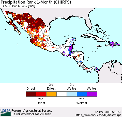 Mexico Central America and the Caribbean Precipitation Rank since 1981, 1-Month (CHIRPS) Thematic Map For 2/11/2022 - 3/10/2022