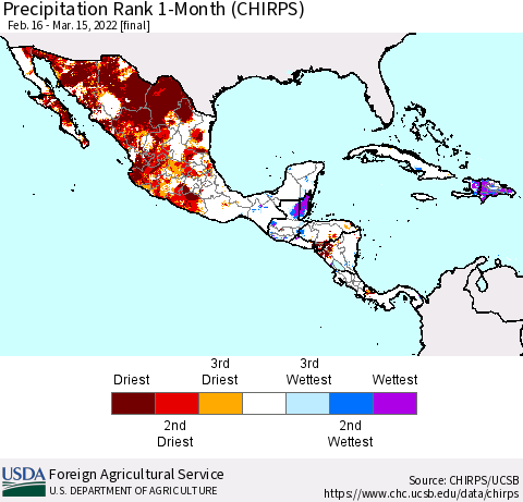 Mexico Central America and the Caribbean Precipitation Rank since 1981, 1-Month (CHIRPS) Thematic Map For 2/16/2022 - 3/15/2022