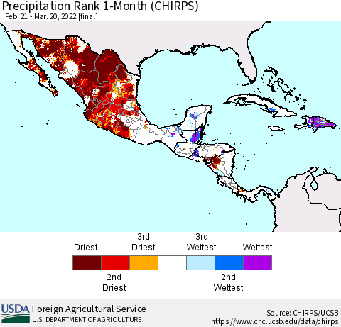 Mexico Central America and the Caribbean Precipitation Rank since 1981, 1-Month (CHIRPS) Thematic Map For 2/21/2022 - 3/20/2022