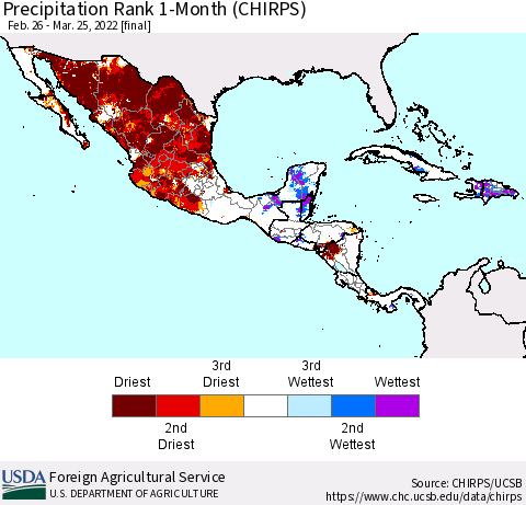 Mexico Central America and the Caribbean Precipitation Rank since 1981, 1-Month (CHIRPS) Thematic Map For 2/26/2022 - 3/25/2022