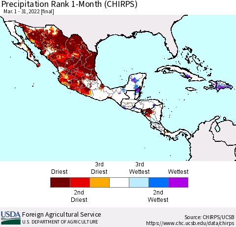 Mexico Central America and the Caribbean Precipitation Rank since 1981, 1-Month (CHIRPS) Thematic Map For 3/1/2022 - 3/31/2022