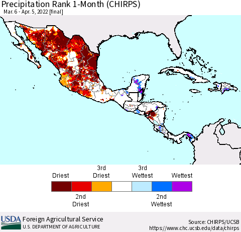 Mexico Central America and the Caribbean Precipitation Rank since 1981, 1-Month (CHIRPS) Thematic Map For 3/6/2022 - 4/5/2022