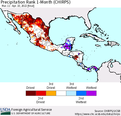 Mexico Central America and the Caribbean Precipitation Rank since 1981, 1-Month (CHIRPS) Thematic Map For 3/11/2022 - 4/10/2022