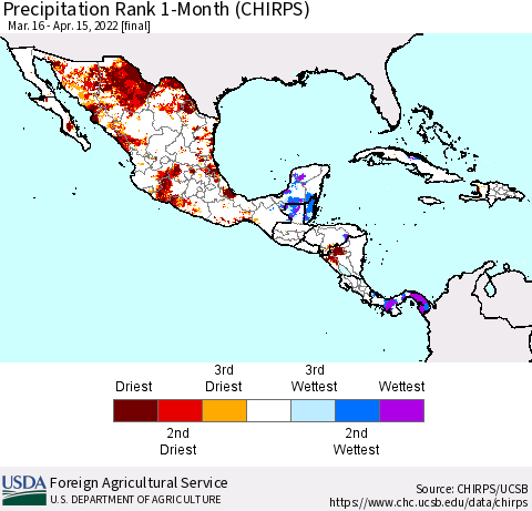 Mexico Central America and the Caribbean Precipitation Rank since 1981, 1-Month (CHIRPS) Thematic Map For 3/16/2022 - 4/15/2022