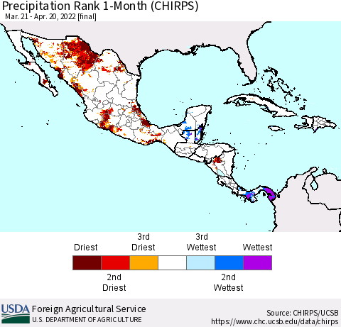 Mexico Central America and the Caribbean Precipitation Rank since 1981, 1-Month (CHIRPS) Thematic Map For 3/21/2022 - 4/20/2022