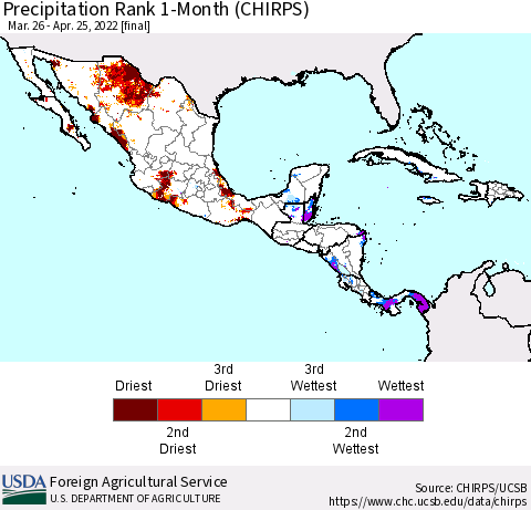 Mexico Central America and the Caribbean Precipitation Rank since 1981, 1-Month (CHIRPS) Thematic Map For 3/26/2022 - 4/25/2022