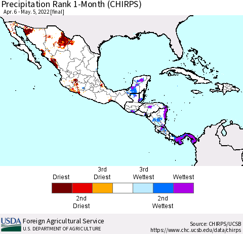Mexico Central America and the Caribbean Precipitation Rank since 1981, 1-Month (CHIRPS) Thematic Map For 4/6/2022 - 5/5/2022