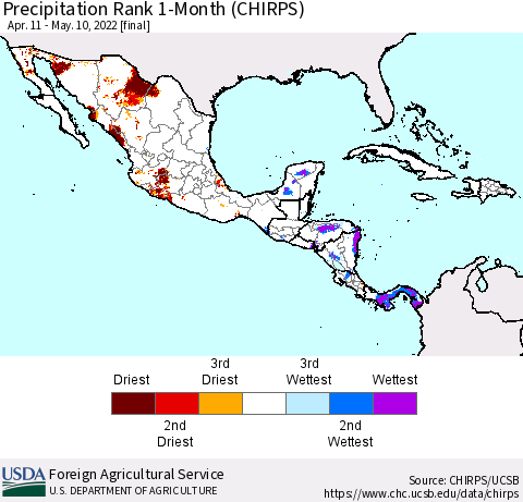 Mexico Central America and the Caribbean Precipitation Rank since 1981, 1-Month (CHIRPS) Thematic Map For 4/11/2022 - 5/10/2022