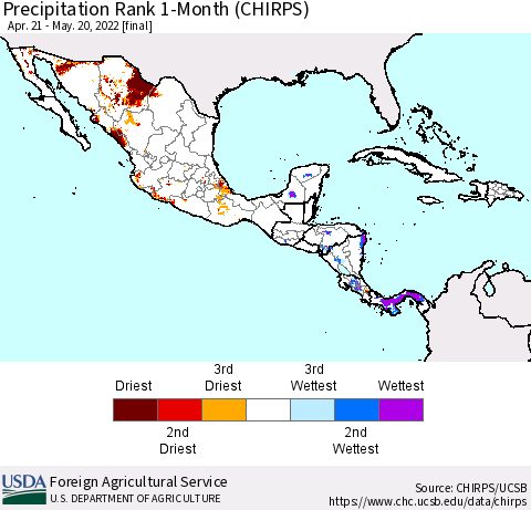 Mexico Central America and the Caribbean Precipitation Rank since 1981, 1-Month (CHIRPS) Thematic Map For 4/21/2022 - 5/20/2022