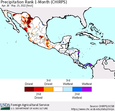 Mexico Central America and the Caribbean Precipitation Rank since 1981, 1-Month (CHIRPS) Thematic Map For 4/26/2022 - 5/25/2022