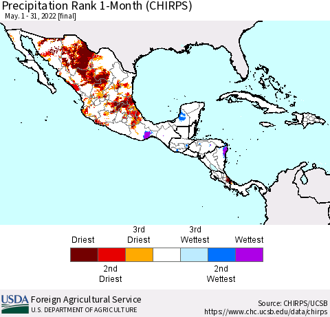 Mexico Central America and the Caribbean Precipitation Rank since 1981, 1-Month (CHIRPS) Thematic Map For 5/1/2022 - 5/31/2022