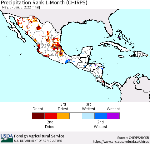 Mexico Central America and the Caribbean Precipitation Rank since 1981, 1-Month (CHIRPS) Thematic Map For 5/6/2022 - 6/5/2022