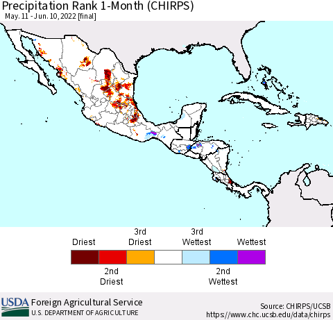 Mexico Central America and the Caribbean Precipitation Rank since 1981, 1-Month (CHIRPS) Thematic Map For 5/11/2022 - 6/10/2022
