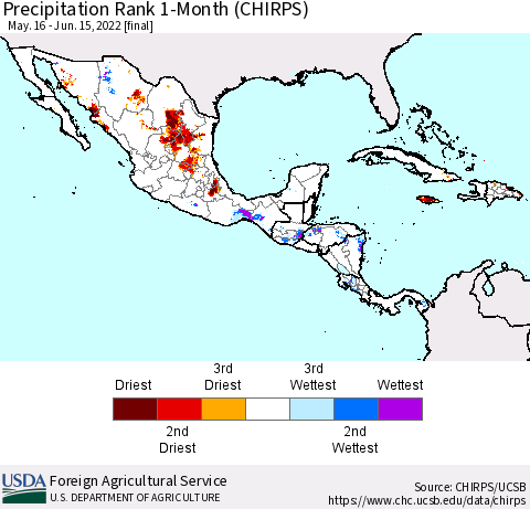 Mexico Central America and the Caribbean Precipitation Rank since 1981, 1-Month (CHIRPS) Thematic Map For 5/16/2022 - 6/15/2022